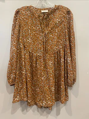 Storia Rust and Cream Floral Tie-Neck Babydoll shorts romper long sleeve small thumbnail 1