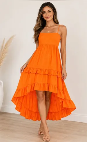 Trixxi Orange Ruffle Tiered Midi Dress Size M Boho Summer Vacation Sundress thumbnail 1