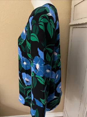 Ann Taylor Black Floral Keyhole Blouse with Blue & Green Motif thumbnail 5