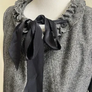 J Crew SZ 4 Women’s Cheshire Ruffle Tie Neck Jacket in Black/White Herringbone thumbnail 5