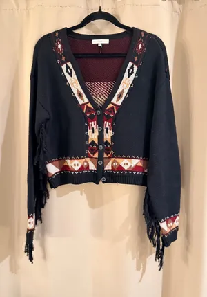 Fate Fringe Cardigan with Burgundy and Tan Accents thumbnail 1
