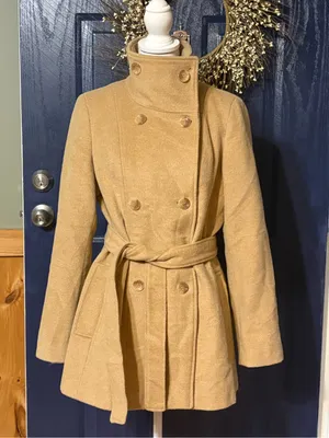 Calvin Klein Camel Wool Blend Belted Double Breasted Coat Funnel Neck Med? thumbnail 1