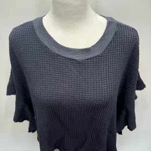 BUCKETLIST Navy Blue Waffle Knit Raw Edge Flutter Sleeve Slouchy Cropped Top NEW thumbnail 6