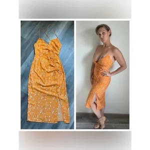 Endless Blu Ruched Midi Dress Bodycon Leg Slit Orange Floral thumbnail 4