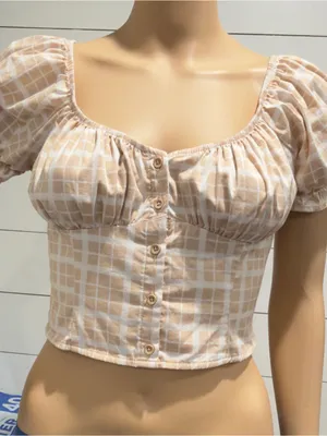 Forever 21 Beige Plaid Puff-Sleeve Button-Front Crop Top Sz S thumbnail 1
