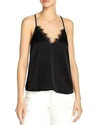 Lucy Paris Women’s Black Satin Silk V Neck Lace Racerback Top Size XS thumbnail 9
