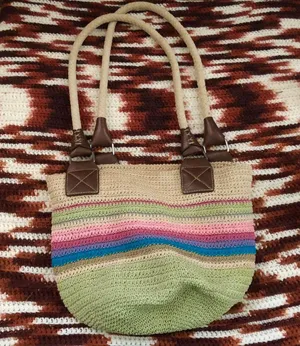 Y2K colorful striped straw crotchet basket fairy shoulder beachy hand bag purse hippie indie boho multicolored thumbnail 1
