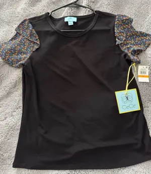 CeCe Black blouse with floral sleeves thumbnail 1