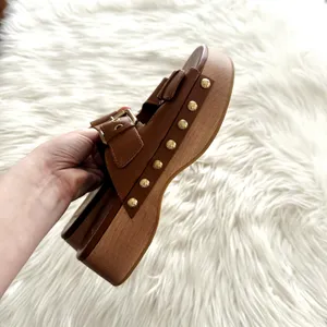 Zara Leather Double Buckle Wooden Platform Sandal Sz 7.5 thumbnail 6