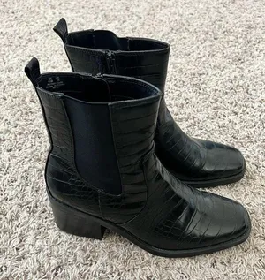 Bleecker & Bond Croc Platform Boots Leather Square Toe Block Heel Black Size 11 thumbnail 3