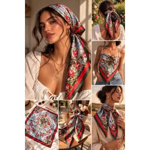 M.O.S.I Floral Satin‎ Scarf 34"x 34" Square Red Olive Cottagecore Romantic thumbnail 2