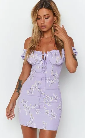 Beginning Boutique purple off shoulder mini dress thumbnail 1