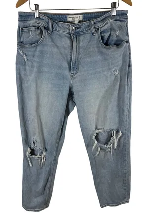 Abercrombie & Fitch Curve Love‎ Mom High Rise Distressed Jeans Light Wash 32/14R thumbnail 1