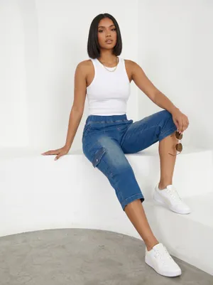 Urban Breeze Indigo Cargo Capris | Street Chic Summer Utility thumbnail 2