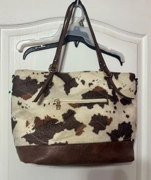 Cowhide Pattern Leather-Trim Tote Bag in Brown and Cream thumbnail 1
