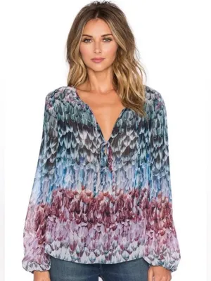 BCBGMAXAZRIA Feather Print Sheer Peasant Blouse Blue Purple Tie Neck Size L thumbnail 5
