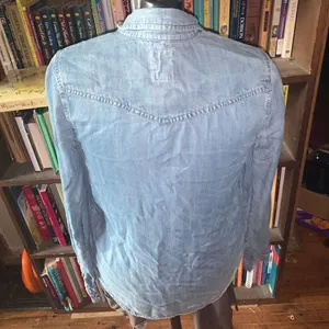 American Eagle light wash denim boyfriend fit XS button down shirt thumbnail 2
