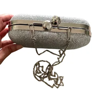 Unbranded Evening Clutch Womens Small Silver Glitter Glam Kiss‎ Lock Chain Strap thumbnail 3