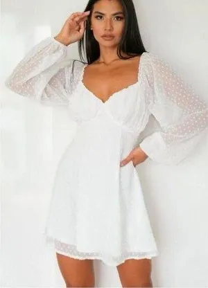 Missguided NEW White Milkmaid Woven Dotty Skater Mini Dress Size 14 thumbnail 1