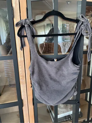Free People boulevard tank top cropped ruched tie straps bow ribbed acid wash thumbnail 3