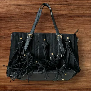 Womens Large Black Fringe Suede Embossed Studded Shoulder Bag Western Festival thumbnail 4