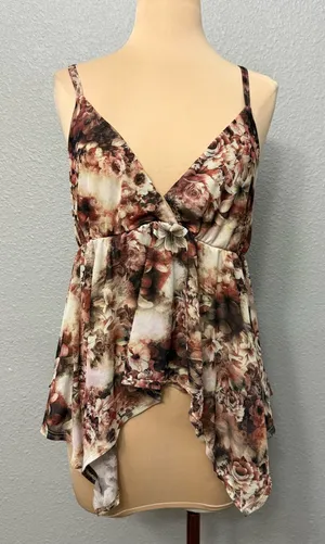Fairycore Floral Handkerchief-Hem Camisole Top - Brown Multicolor Size XL thumbnail 1