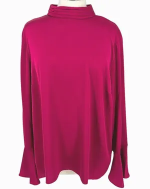 Halogen High Neck Flared Cuff Satin Blouse Fuschia Pink Size Large NWOT thumbnail 1