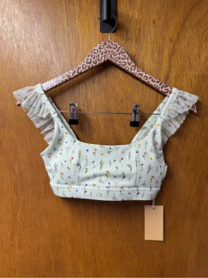 POPFLEX Romance Mesh Ruffle Sports Bra Meadow Floral Print Green XS NEW NWT thumbnail 10