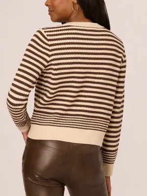 NWT Adrianna Papell Button Front‎ Striped Pointelle Cardigan Sweater Cream Brown thumbnail 3