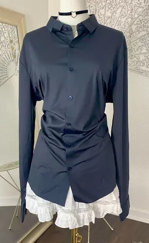 Source Unknown NWOT Navy Blue Satin Button Up Blouse Size XL thumbnail 1