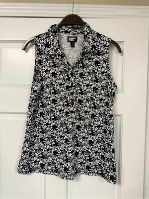 Lands' End Black & White Floral Sleeveless Collared Tank thumbnail 7