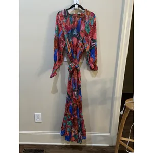 Farm Rio Animal Collage Maxi Dress Red Long Sleeves Tiered Beaded Tassels thumbnail 3
