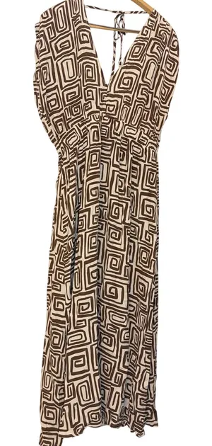 NWT petal & pup brown cream geometric maxi dress. V neck, tie back neck. Size L thumbnail 1