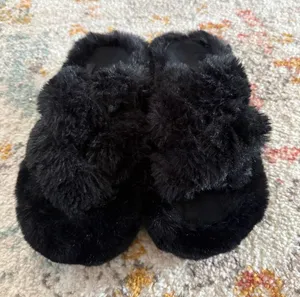 Coface Womens Black Faux‎ Fur Cross Band Slippers Open Toe House Shoes US 7 thumbnail 1