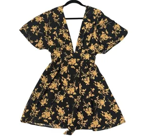 Black Poppy NWT Gold & Black Floral V-Neck Mini Wrap Dress Medium thumbnail 4