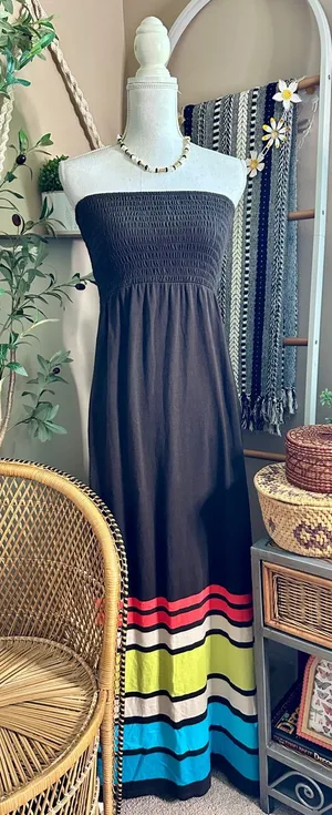 Gap Brown Strapless Smocked Maxi Dress Color Block Built-In Bra Medium thumbnail 1