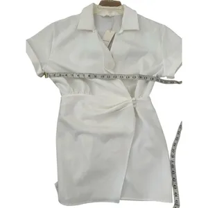 Commense Womens Collared Cuffed Sleeve Button Wrap Short Dress White Medium thumbnail 4