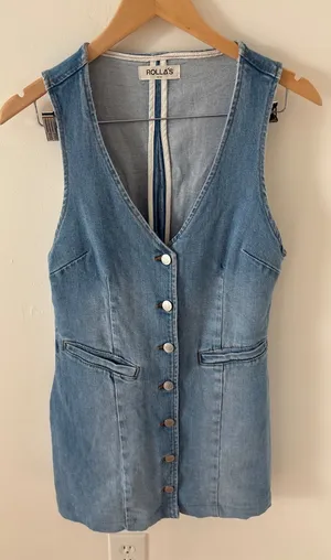 Rolla's Light Wash Denim Button Front Mini Vest Dress Sleeveless Cinch Back M 10 thumbnail 1