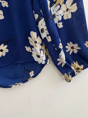 NEW Ann Taylor LOFT Women's MEDIUM Smocked High Neck Blouse Long Sleeve BlueTop thumbnail 4