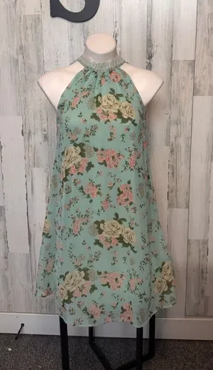 Love Chesley Mint Floral Halter Dress Flowy Sleeveless Mini Size S thumbnail 1