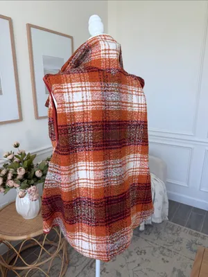Free People Wrapped Up Blanket Vest Orange Plaid Wool Blend S thumbnail 7