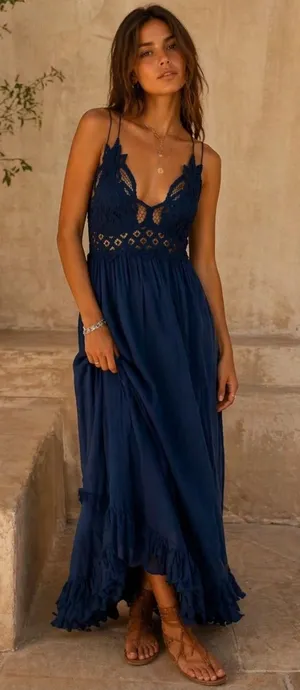 Free People Adella Navy Blue Maxi Dress XS thumbnail 1