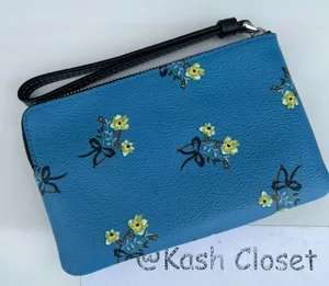 Coach Blue Corner Zip Wristlet With Bow Floral Print thumbnail 3