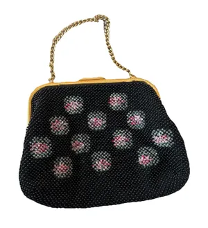 Vintage Corde Bead reversible beaded handbag purse‎ black floral White pattern thumbnail 1
