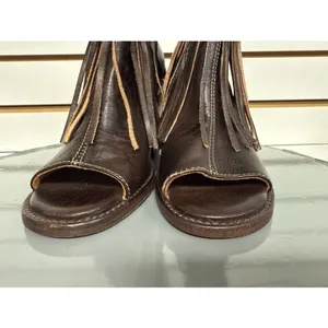 Bed Stu Onset Olivia Women's 6.5 Peep Toe Fringe Booties Brown Leather Heel Boho thumbnail 6