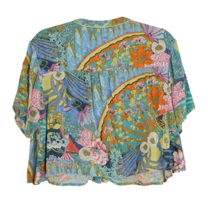 Anthropologie Boho Floral Cropped Shirt Blouse Multi Color Tie Neck Size Small thumbnail 6