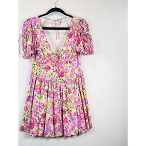 For Love & Lemons Mini Dress Paulina Silk Floral Corset Puffed Coquette Medium thumbnail 6