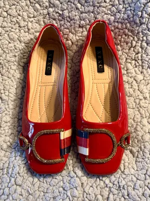 XRXC Red Patent Leather Square Toe Ballet Flats Rhinestone Buckle. thumbnail 1
