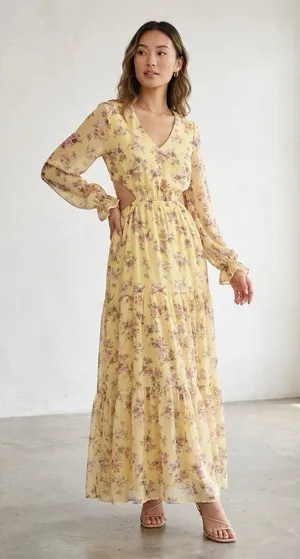 She + Sky Yellow Floral V-Neck Maxi Dress thumbnail 1