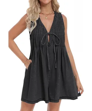 NWT Veveret Mineral Wash French Terry Romper Black Wide Leg V Neck M Boho Grunge thumbnail 1